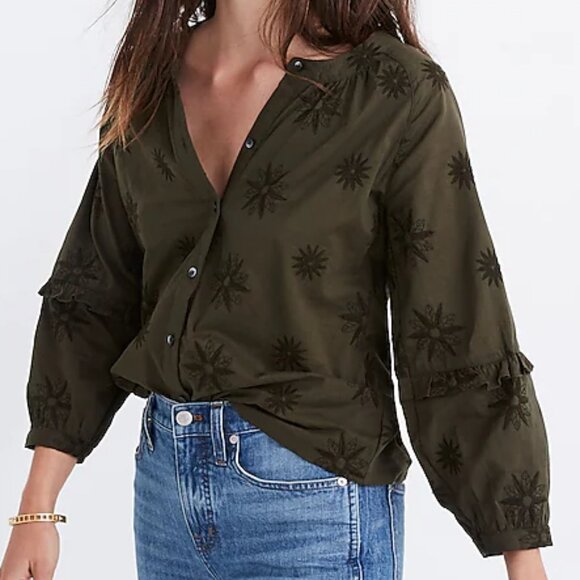 Madewell Tops - [Madewell] Embroidered Bubble-Sleeve Shirt in Olive Green Small